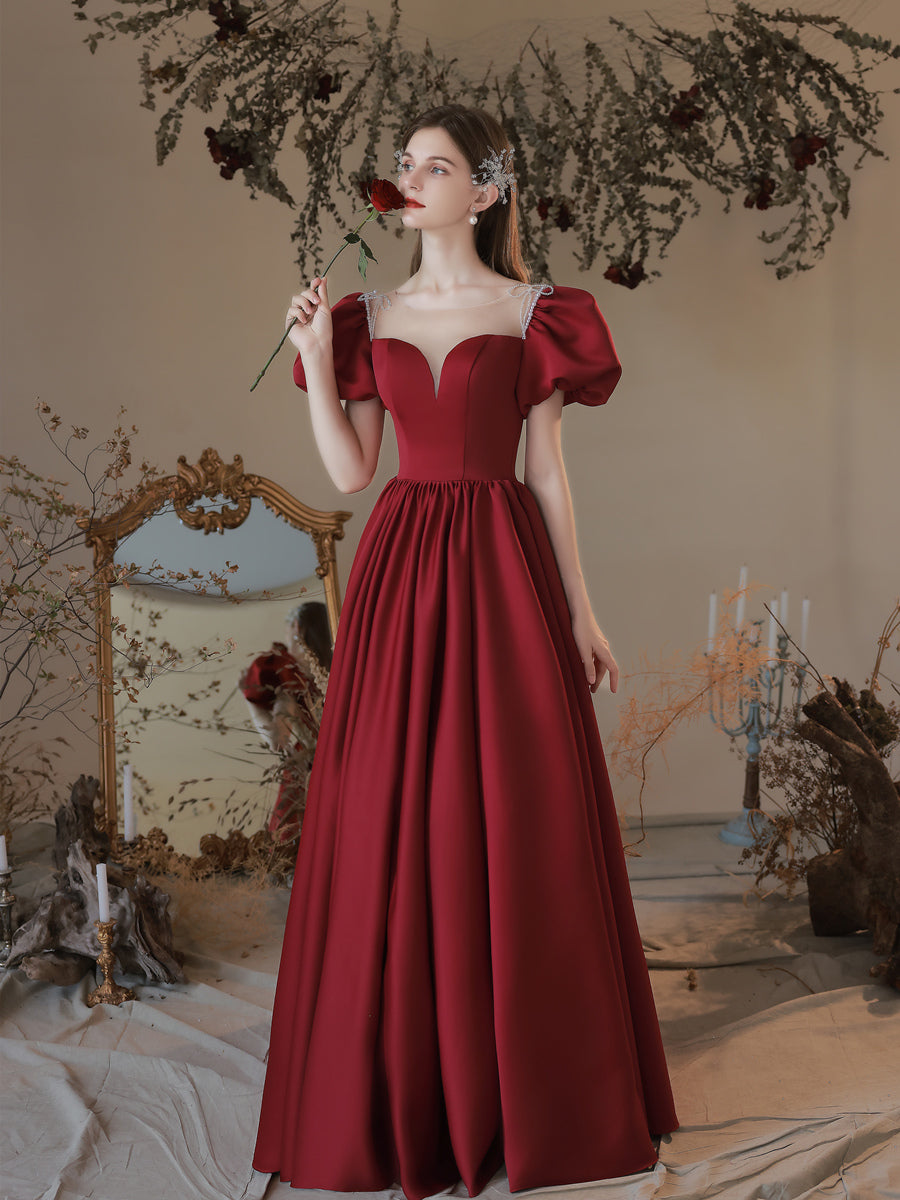 Burgundy A line Satin Long Prom Dress, Burgundy Sweet 16 Dress US 6 / Burgundy