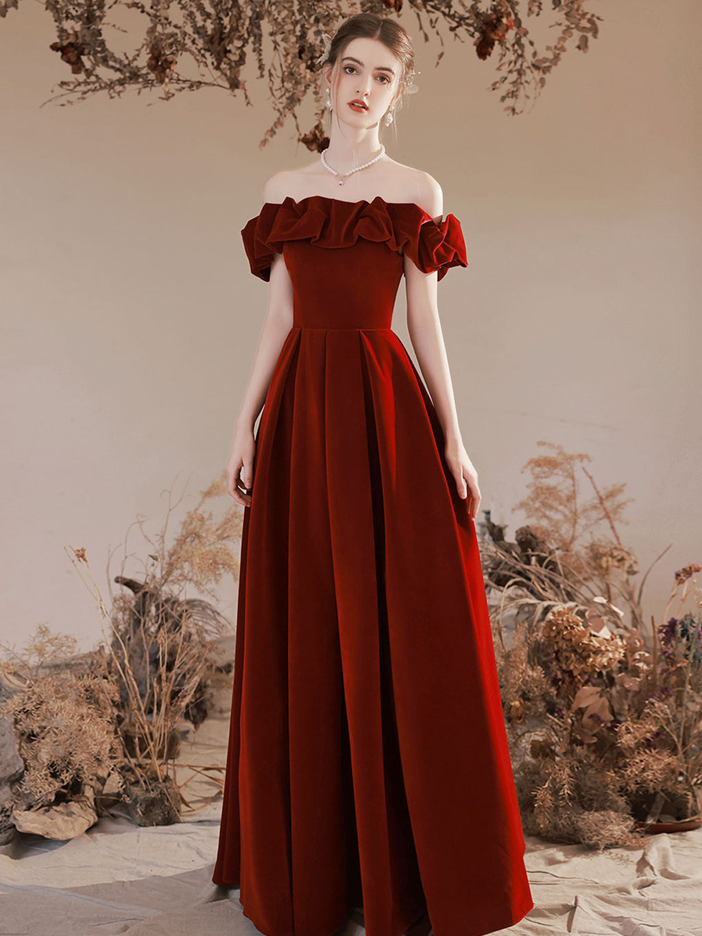 A-Line Off Shoulder Velvet Burgundy Long Prom Dress