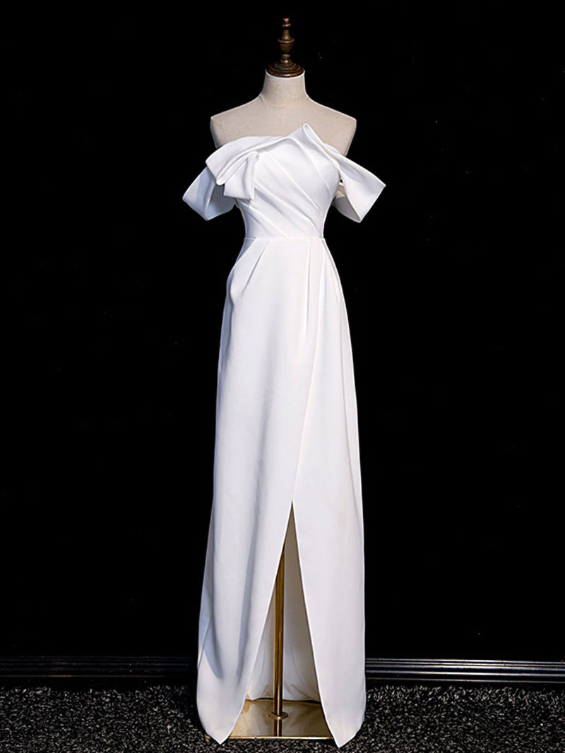 Simple White Off Shoulder Satin Long Prom Dress, White Long Formal Dre