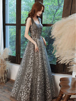Aline Sweetheart Neck Tulle Gray Long Prom Dresses, Gray Graduation Dresses With Beading