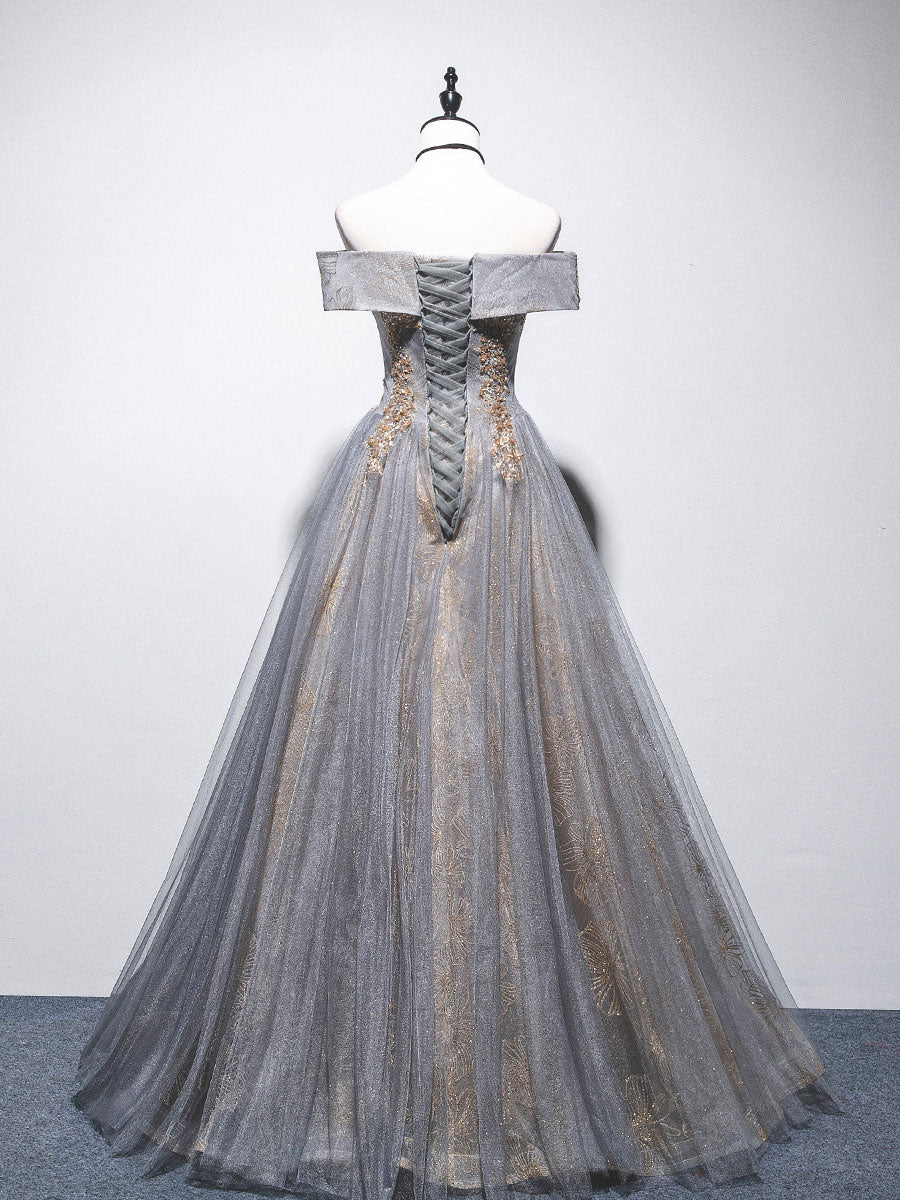 A-Line Off Shoulder Tulle Long Gray Prom Dress, A line Tulle Lace Evening Dress