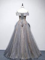 Unique Off Shoulder Tulle Long Gray Prom Dress, A line Tulle Lace Evening Dress