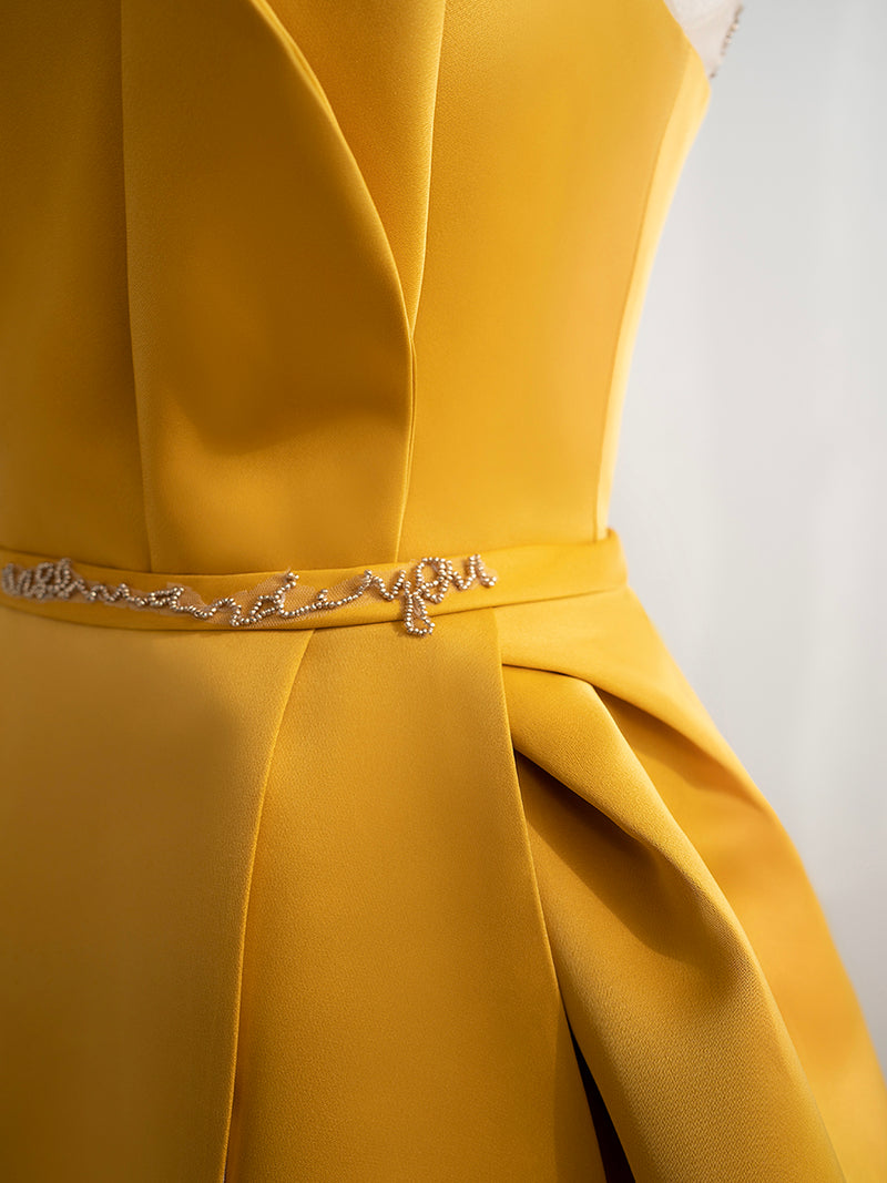 Scoop Neckline Satin Yellow Long Prom Dresses, Yellow Formal with Bead shopluu Scoop Neckline Satin Yellow Long Prom Dresses, Yellow Formal with Bead shopluu