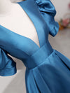 A-Line V Neck Satin Long Prom Dresses, Blue Satin Long Evening Dress
