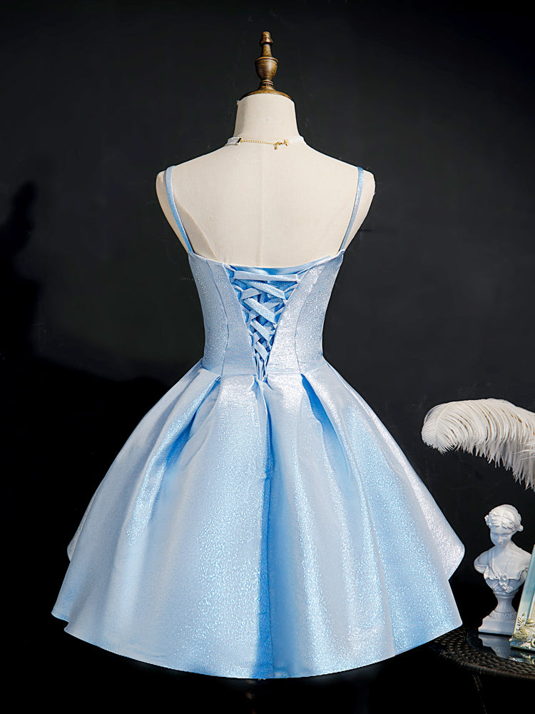 Simple Sweetheart Neck Satin Short Blue Prom Dresses, Puffy Blue Homec – shopluu