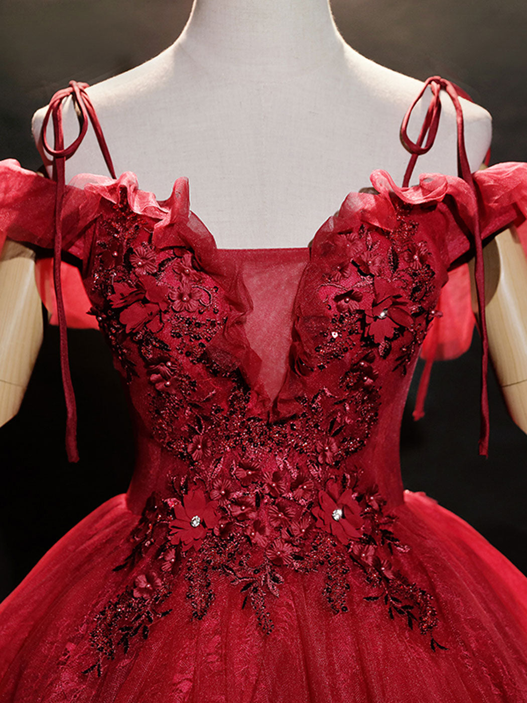 Burgundy Off Shoulder Tulle Lace Long Prom Dress, Burgundy Lace Sweet 16 Dress