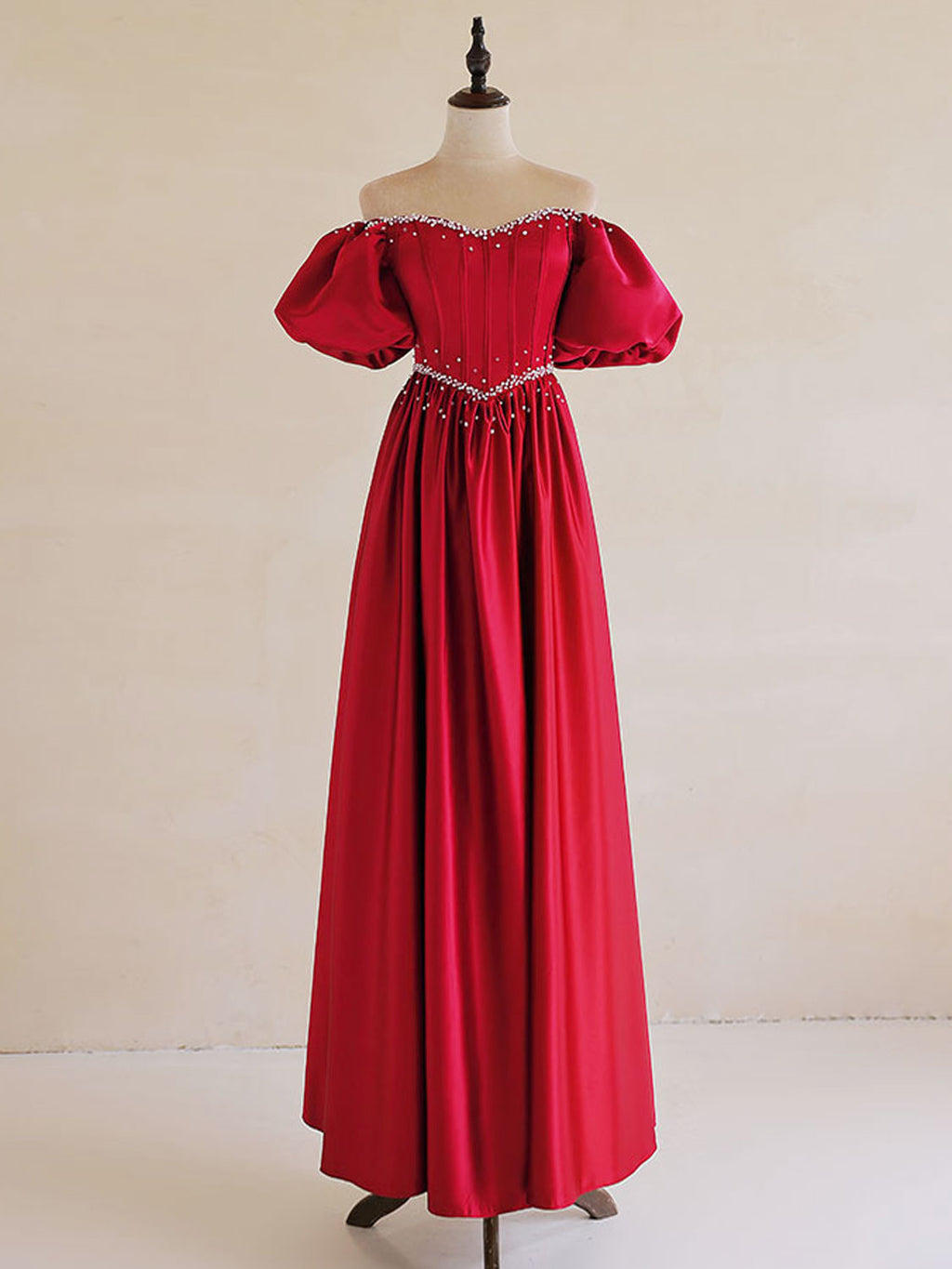 A-Line Burgundy Satin Puff Sleeves Long Prom Dress, Burgundy Formal Evening Dress