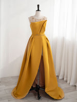 Scoop Neckline Satin Yellow Long Prom Dresses, Yellow Formal with Beading Sequin