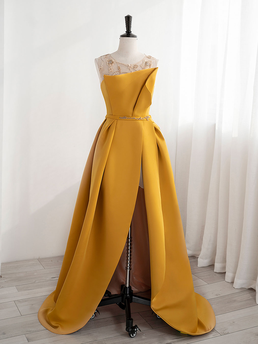 Scoop Neckline Satin Yellow Long Prom Dresses, Yellow Formal with Beading Sequin US 16 / Custom Color Scoop Neckline Satin Yellow Long Prom Dresses, Yellow Formal with Beading Sequin US 16 / Custom Color