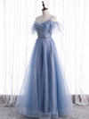 Elegant  A line Tulle Sequin Blue Long Prom Dress, Tulle Blue Formal Evening Dress