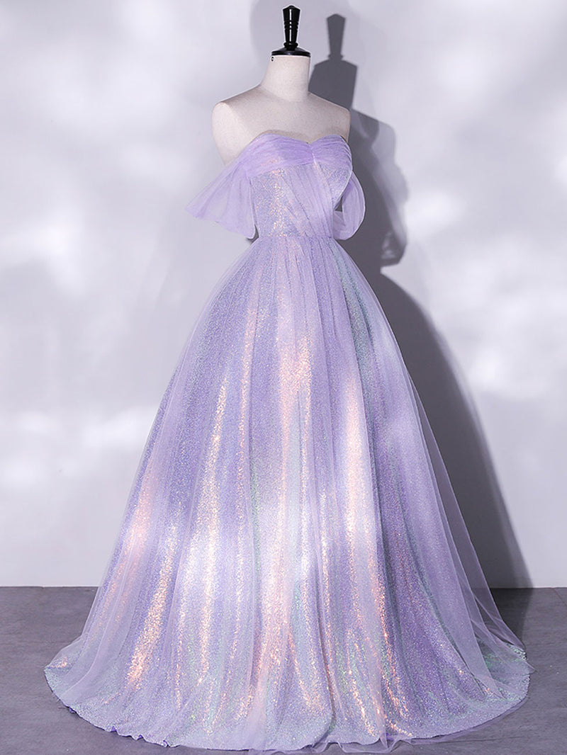 Purple A-Line Tulle Sequin Long Prom Dress, Purple Sequin Long Formal ...