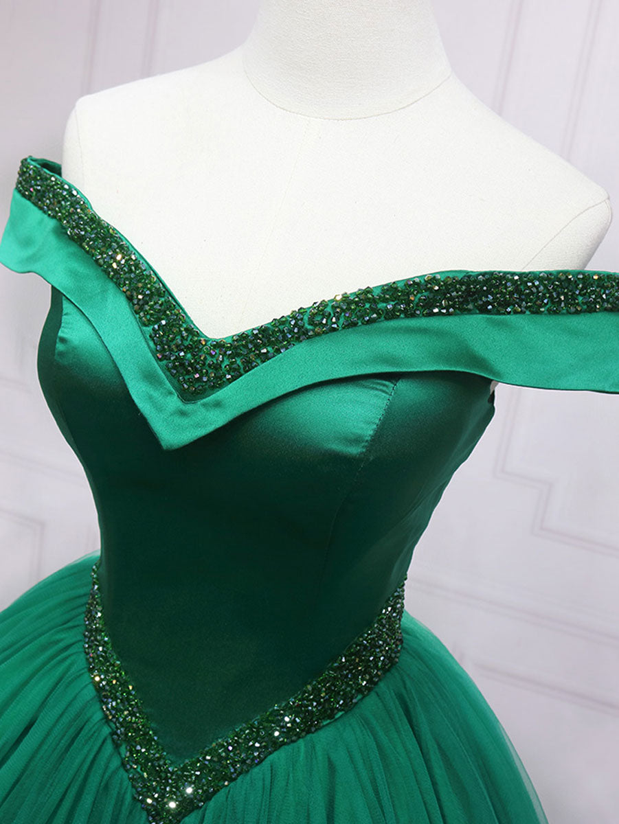Green Tulle Beads Long Prom Dress, Beautiful Off the Shoulder Party Dress US 4 / Green Green Tulle Beads Long Prom Dress, Beautiful Off the Shoulder Party Dress US 4 / Green