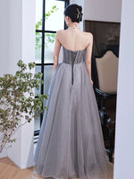 Gray Aline Tulle Gray Long Prom Dresses, Aline Gray Tulle Formal Evening Dresses