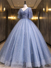 Gray Blue V Neck Tulle Long Prom Dress, Blue Long Sweet 16 Dresses