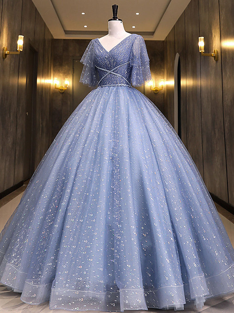 Gray Blue V Neck Tulle Long Prom Dress, Blue Long Sweet 16 Dresses ...