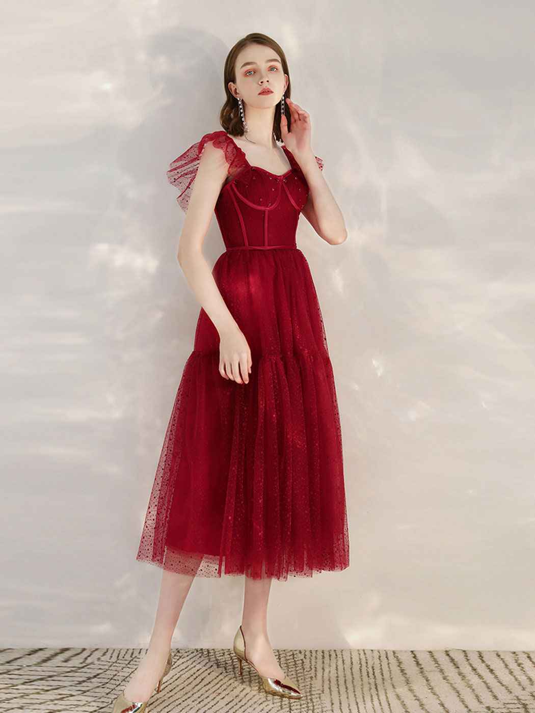 Burgundy Tulle Short Prom Dress, Burgundy Homecoming Dress