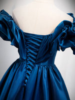 A-Line Off Shoulder Satin Blue Long Prom Dress, Blue Evening Dresses