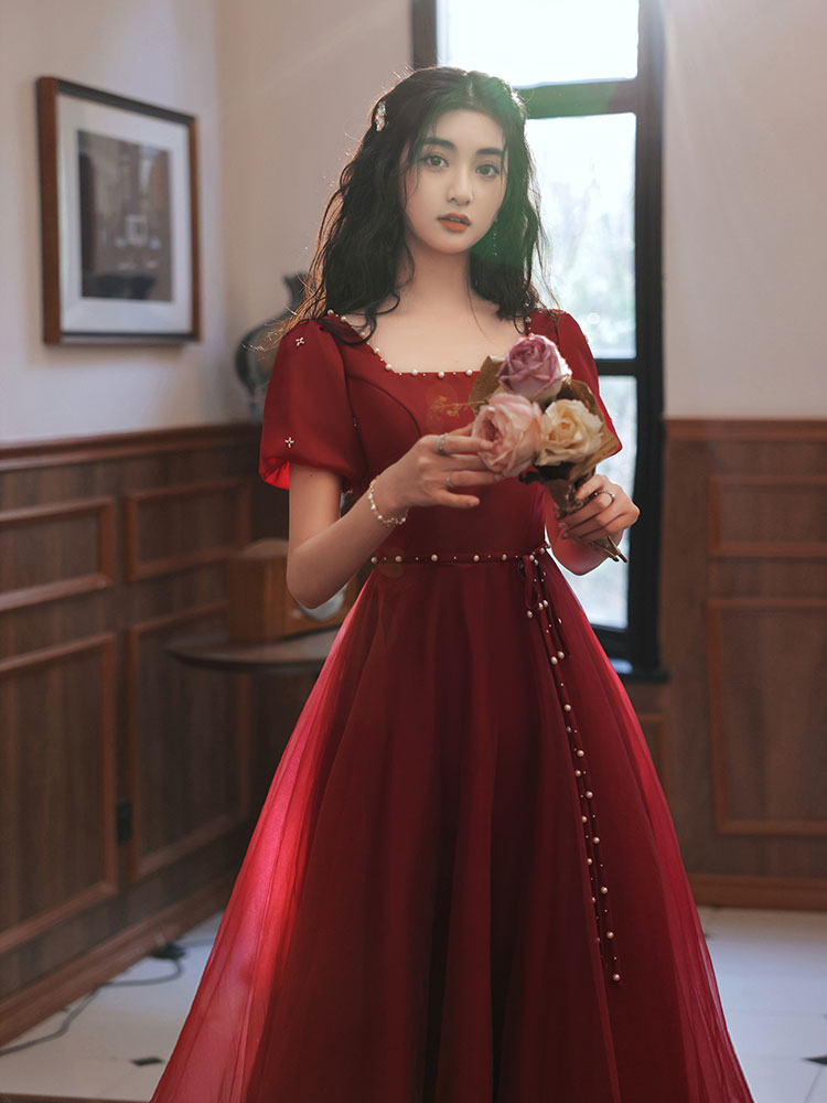red dress graduation Simple Tea Length Burgundy Prom Dress, Burgundy Dresses dark red dress short