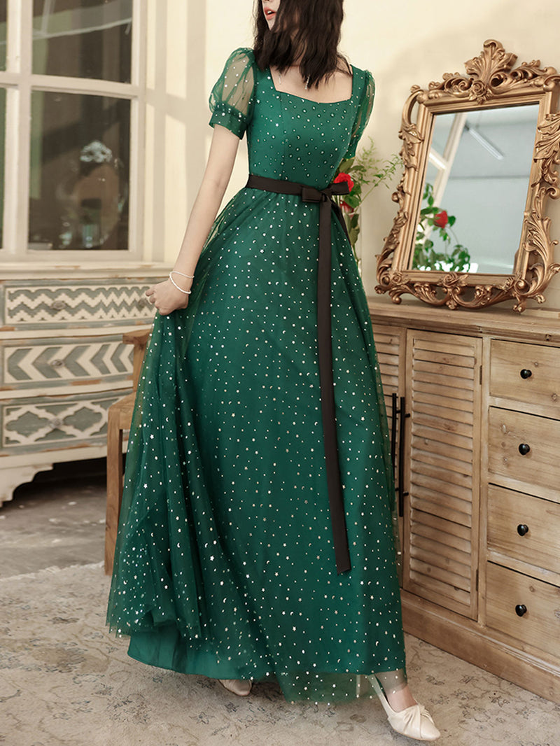 Green A line Long Prom Dress, Green Tulle Long Formal Dress shopluu Green A line Long Prom Dress, Green Tulle Long Formal Dress shopluu