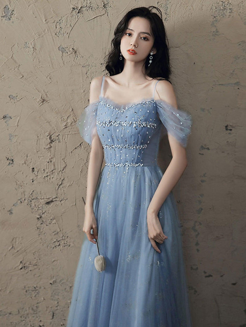 A line Off Shoulder Sequin Blue Long Prom Dress, Blue Long Party Evening Dresses
