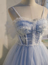 Blue sweetheart neck tulle lace short prom dress blue puffy homecoming dress