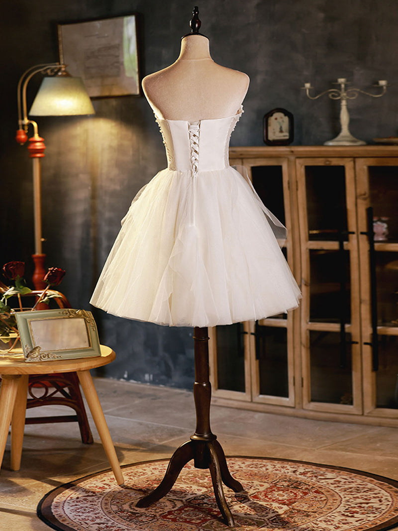White sweetheart neck tulle lace short prom dress, white tulle formal dress