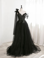 Black A line one Shoulder Tulle Long Prom Dresses, Black Tulle Formal Dresses