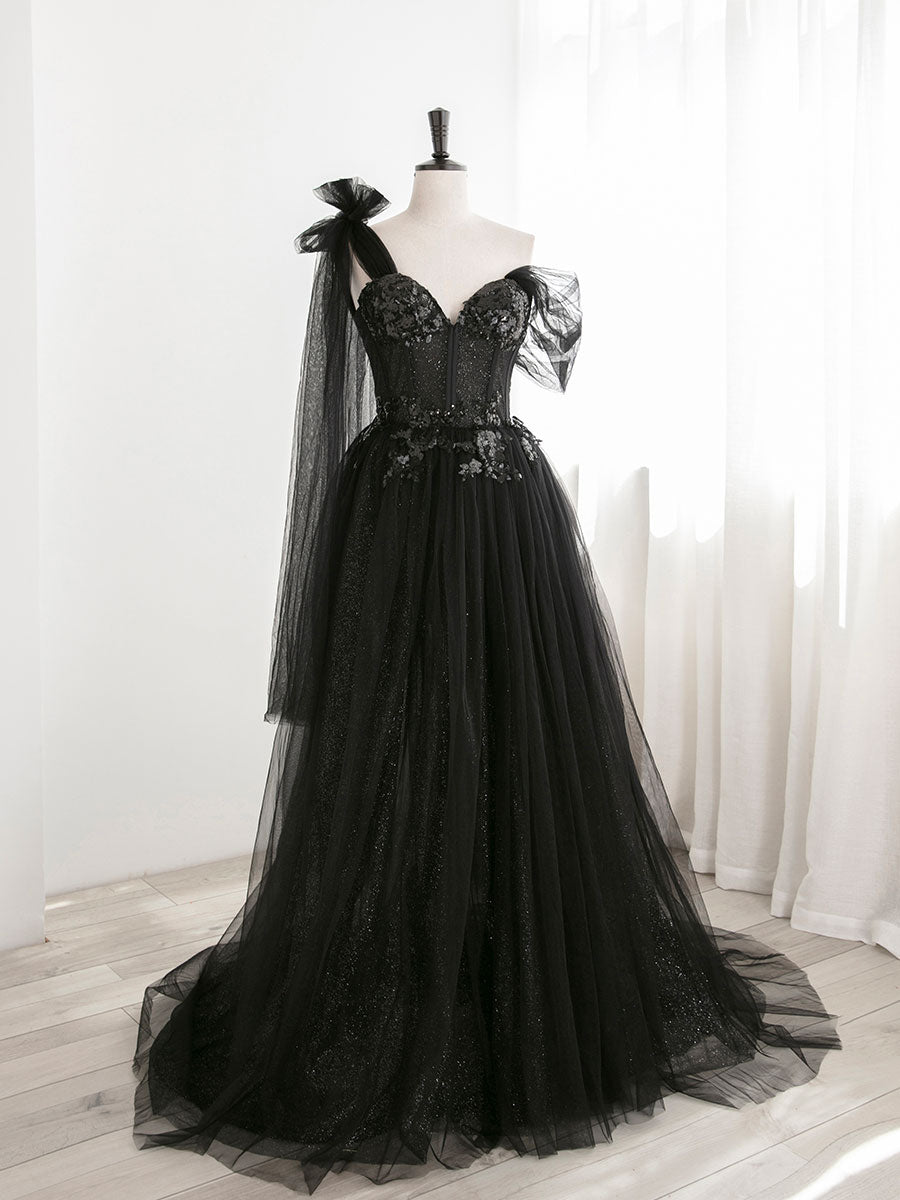 Black A line one Shoulder Tulle Long Prom Dresses, Black Tulle Formal Dresses US 16 / Custom Color