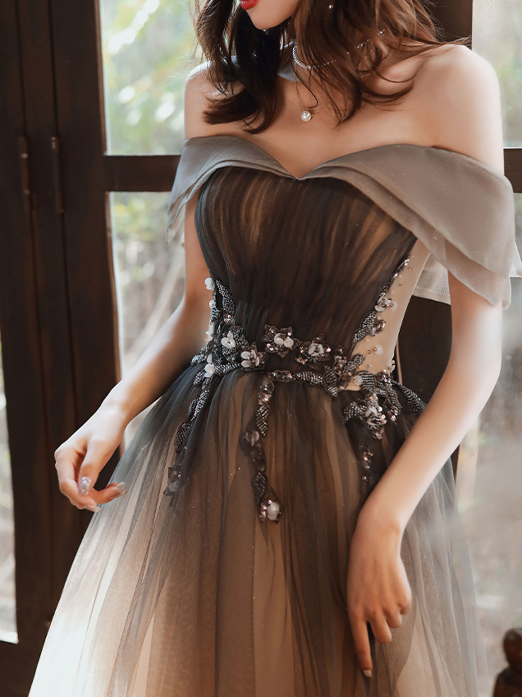A Line Brown Long Prom Dresses, Off Shoulder Brown Formal Graduation D