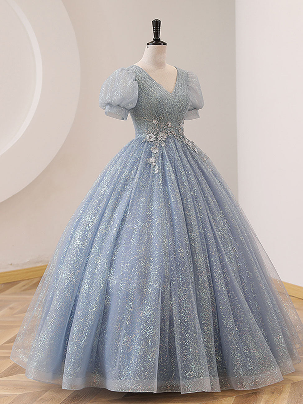 V Neck Tulle Sequin Gray Blue Long Prom Dress, Gray Blue Formal Sweet 16 Dress