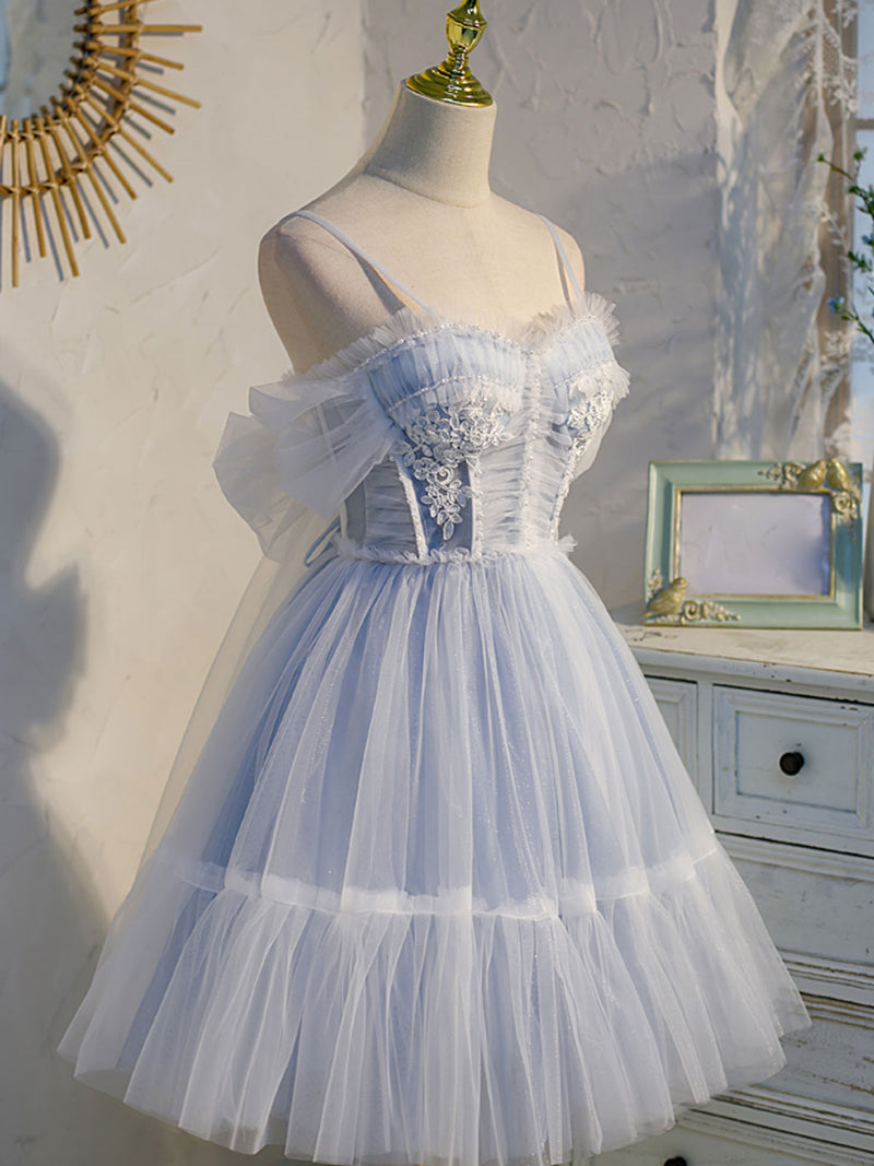 Blue sweetheart neck tulle lace short prom dress blue puffy homecoming dress