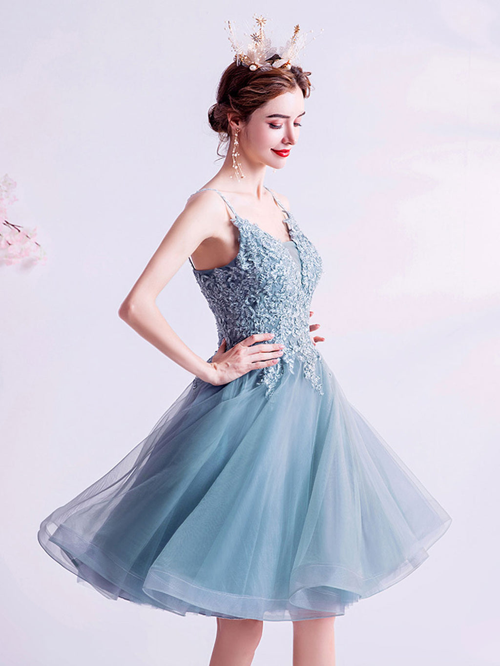 Gray V Neck Tulle Lace Blue Short Prom Dress Puffy Blue Homecoming Dre shopluu Gray V Neck Tulle Lace Blue Short Prom Dress Puffy Blue Homecoming Dre shopluu