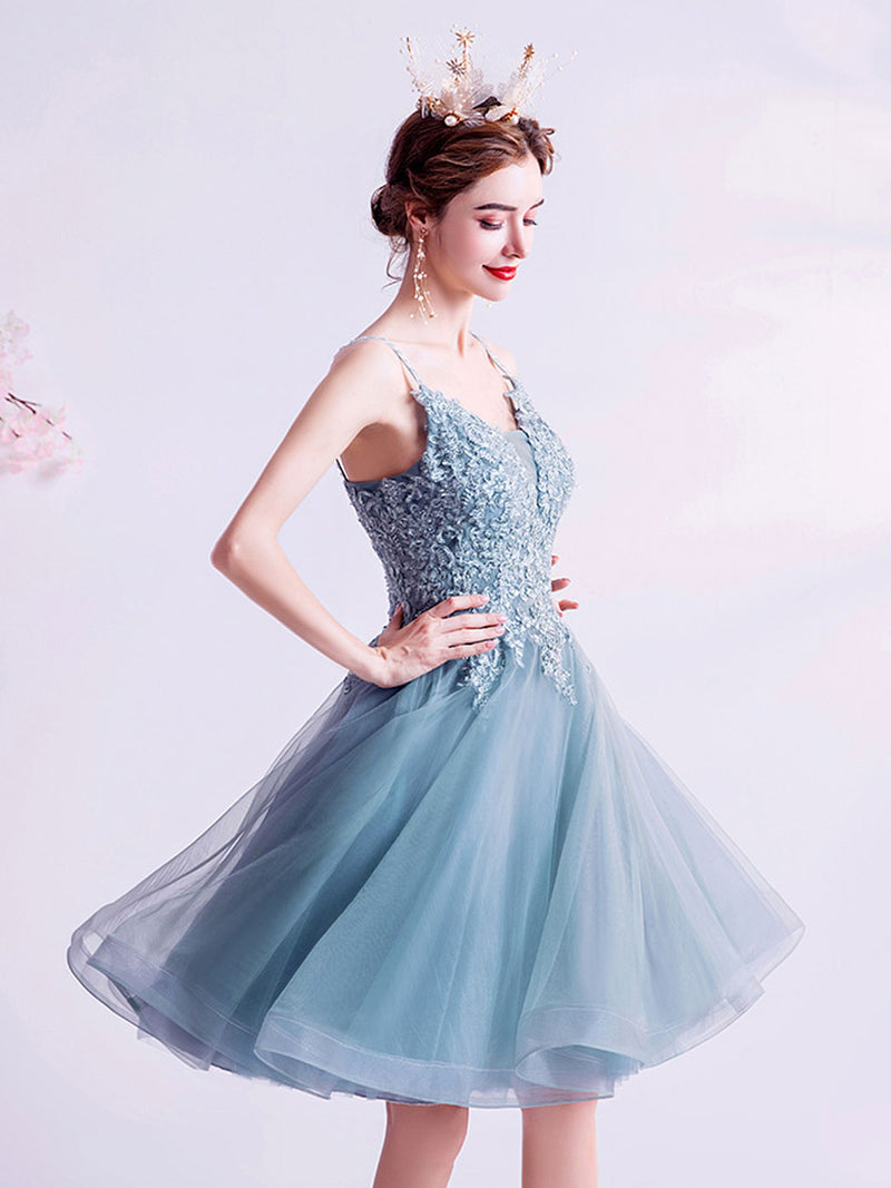 Gray V Neck Tulle Lace Blue Short Prom Dress Puffy Blue Homecoming Dress