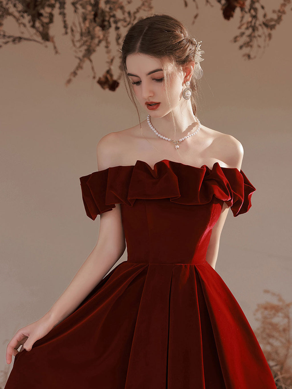 Cute Velvet Short A-Line Prom Dress, Burgundy Off the Shoulder Party D