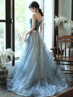 A line Blue Tulle/Velvet Long Prom Dress, Tulle Blue Graduation Dress With Beading Sequin