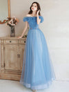 A-Line Off Shoulder Tulle Blue Long Prom Dress, Blue Formal Dresses