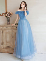 A-Line Off Shoulder Tulle Blue Long Prom Dress, Blue Formal Dresses