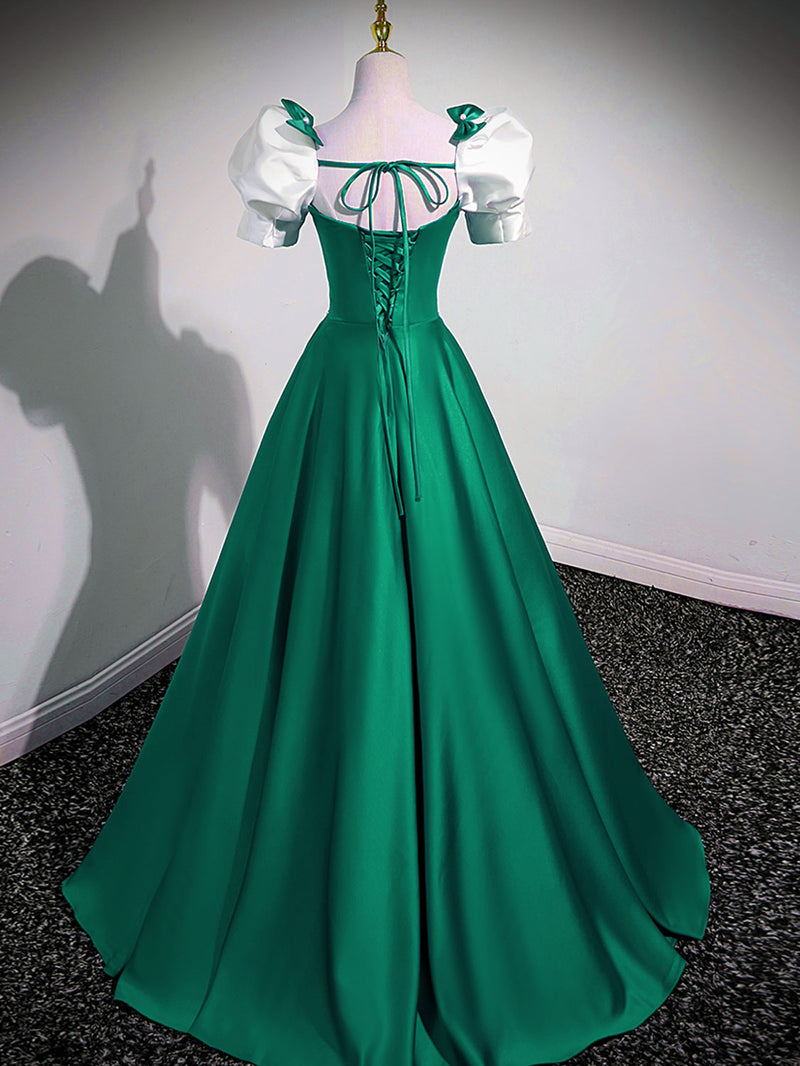 A-Line Satin Green Long Prom Dresses