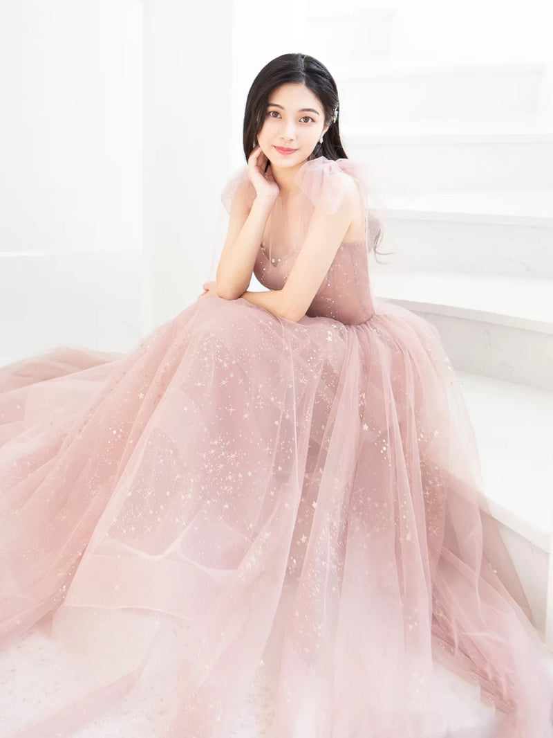 Simple Pink A Line Tulle Long Prom Dress, Pink Tulle Formal Dress