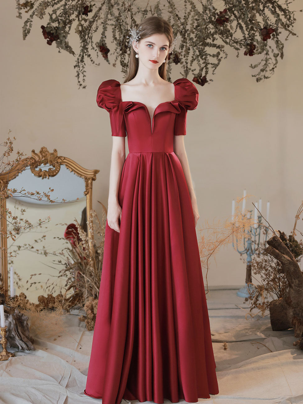 Burgundy A-Line Satin Long Prom Dress, Burgundy Formal Evening Dress