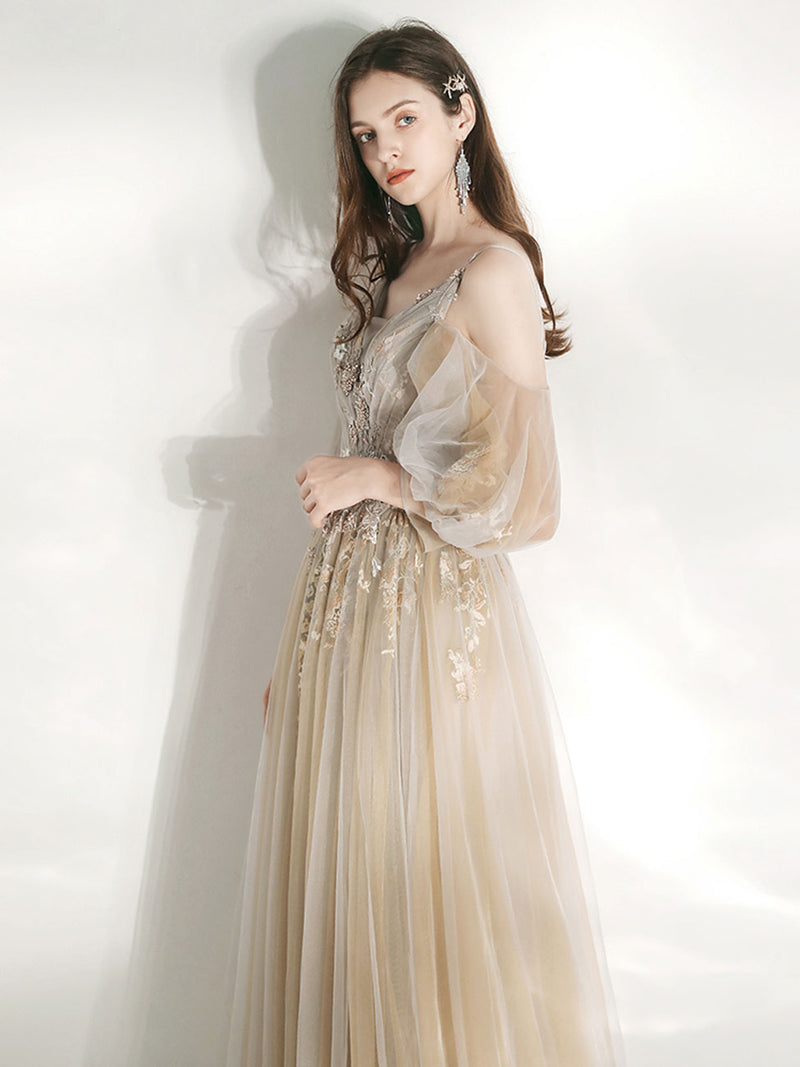 Cute Tulle Lace Long Prom Dresses, A-Line Evening Dresses US 16 / Champagne Cute Tulle Lace Long Prom Dresses, A-Line Evening Dresses US 16 / Champagne