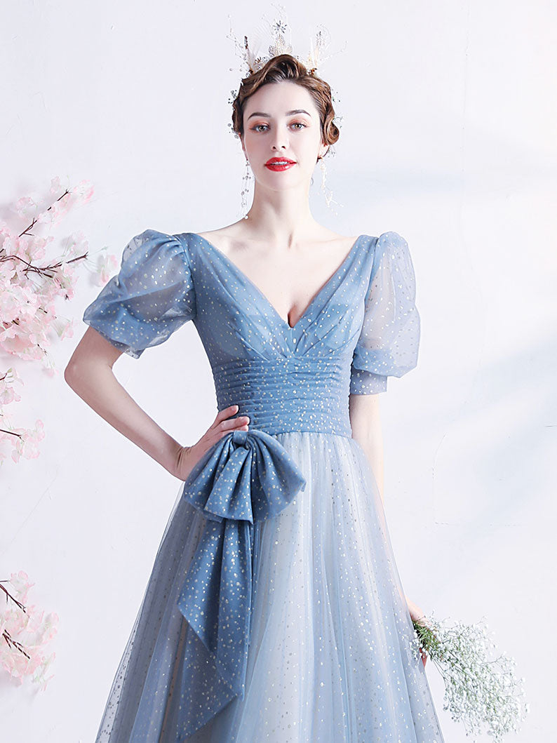 A-Line V Neck Tulle Gray Blue Long Prom Dress, Gray Blue Formal Dresses