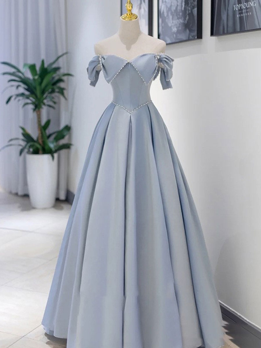 A-Line Blue Satin Long Prom Dress, A line Blue Formal Graduation Party Dress