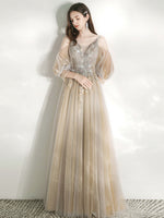 Champagne A Line Tulle lace long Prom Dress, Champagne Graduation Dresses
