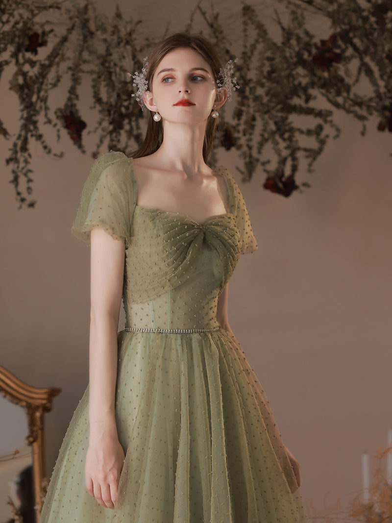 A-Line Green Tulle Long Prom Dresses, Green Tulle Formal Evening Dress