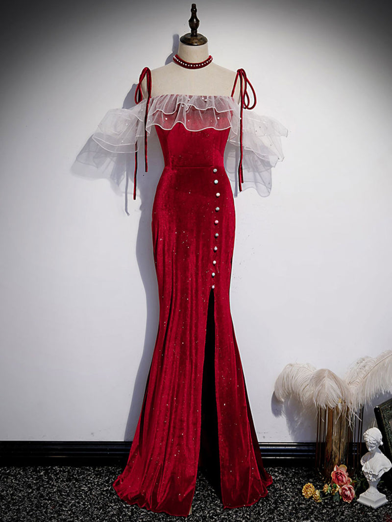 Burgundy Mermaid Long Prom Dress, Velvet Long Formal Dresses – shopluu