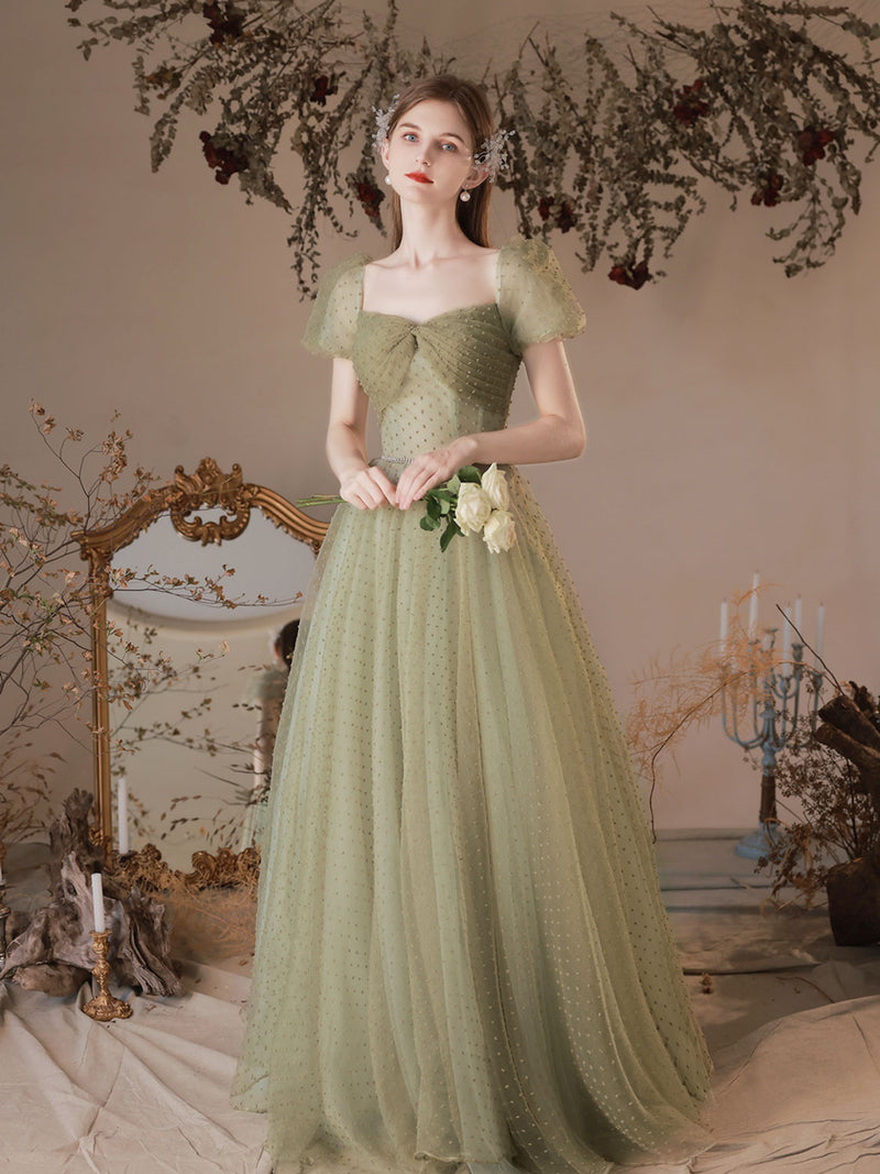A-Line Green Tulle Long Prom Dresses, Green Tulle Formal Evening Dress