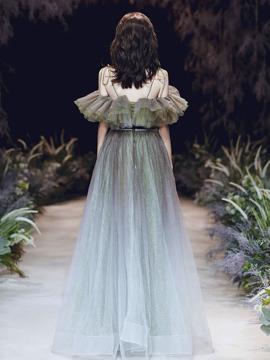 A-Line Tulle Off Shoulder Long Prom Dress, Tulle Sequin Evening Dresses