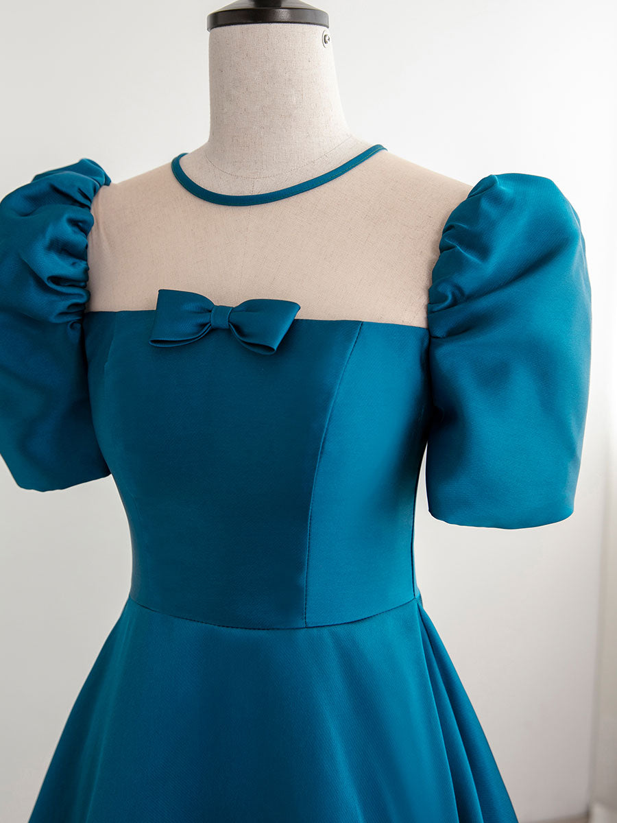A-Line Satin Blue Long Prom Dress, Blue Long Formal Evening Dresses