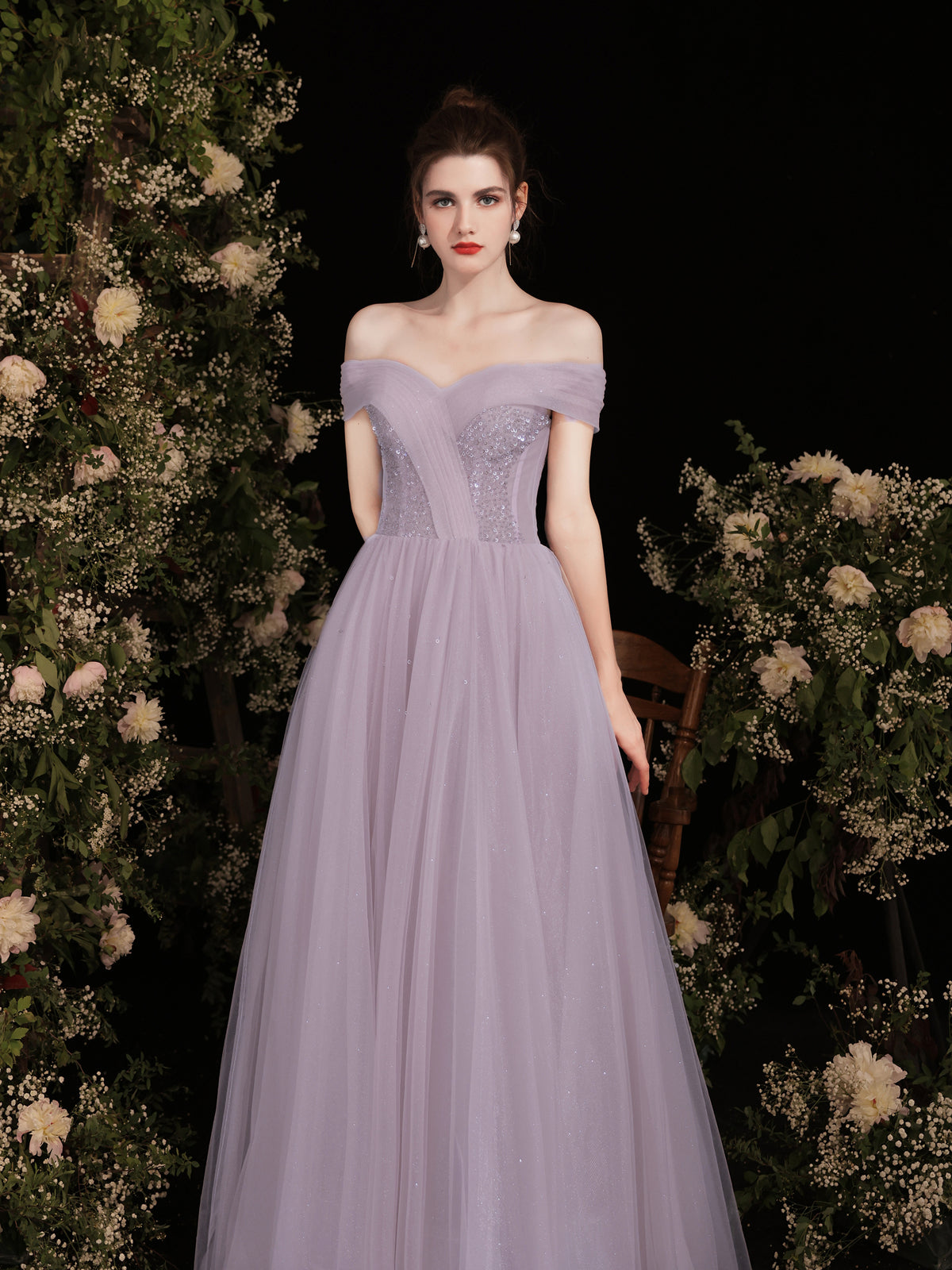 Purple Tulle Sequin Long Prom Dress, Purple Tulle Formal Dress